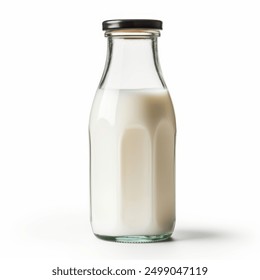 A glass bottle of milk is sitting on a white background. The bottle is clear and has a black lid - Powered by Shutterstock