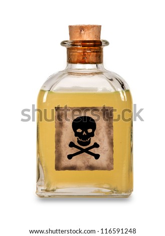 Glass bottle of poison on a white background