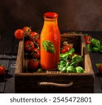 Glass bottle of refreshing tomato juice with basil leaves and ripe cherry tomatoes on a rustic wooden tray, creating a vibrant and healthy image