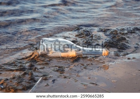 A glass bottle with a rolled up message inside lies on a wet sandy beach with seaweed, touched by gentle waves of the water.