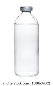 Glass Bottle Sealed With Medical Fluid In A Sterile Container Isolated On A White Background.