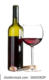Glass And Bottle Of Wine Isolated On A White Background