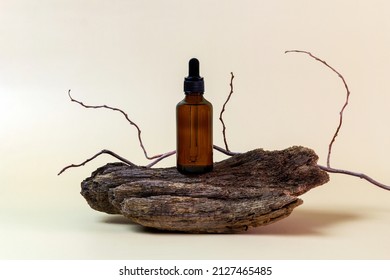 Glass bottles with aromatic oil or serum, bark tree with copy space. Natural organic cosmetic spa concept. Minimal concept. Mockup for product. Eco friendly. Brown background.