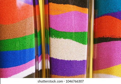 Glass Bottles With Colored Sand. Sand Art In A Bottle - Close Up