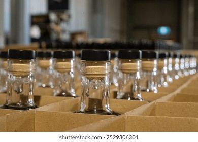 Glass bottles in factory, industrial bottling, packaging crates, alcohol distillery rum vodka gin - Powered by Shutterstock