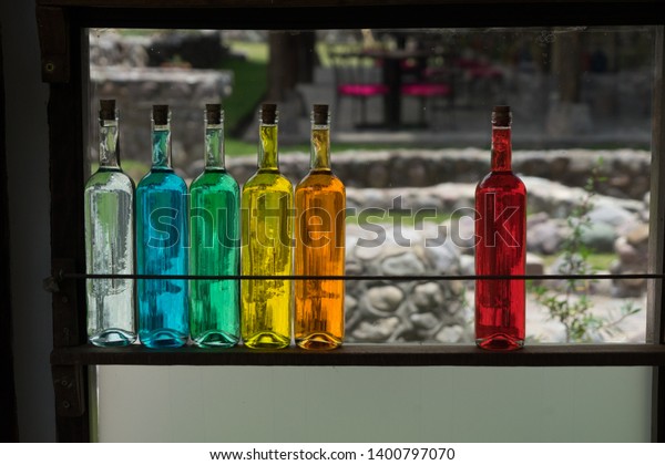 Glass Bottles Filled Colorful Multicolored Liquid Stock Photo