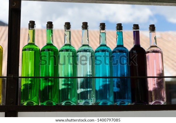 Glass Bottles Filled Colorful Multicolored Liquid Stock Photo