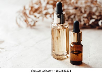 Glass Bottles With Oil For Face And Body Care.  Beauty By Nature. Photo