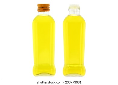 Glass bottles of Olive Oil with mild taste isolated on white background