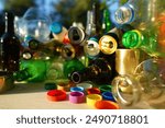 Glass bottles recycling. Plastic for recyclable. Tin can and plastic Bottle Caps for Recycling. Tin cans and Bottle caps for Recycling. Glass bottles , Lids Plastic Bottles for Reuse. Glass Reduce.