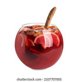 Glass Bowl Of Aromatic Punch Drink Isolated On White