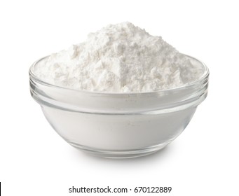 Glass bowl of corn starch isolated on white