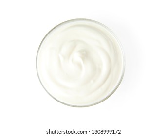 Glass Bowl With Creamy Yogurt On White Background, Top View