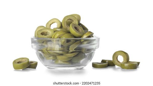 Glass Bowl Of Cut Green Olives On White Background