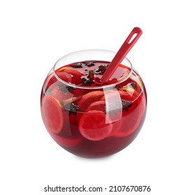 Glass Bowl Of Delicious Aromatic Punch Drink On White Background