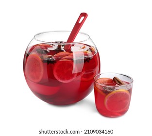 Glass And Bowl Of Delicious Aromatic Punch Drink On White Background