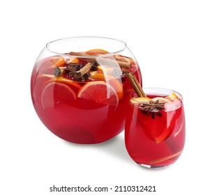 Glass And Bowl Of Delicious Aromatic Punch Drink On White Background