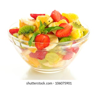 Glass Bowl With Fresh Fruits Salad Isolated On White