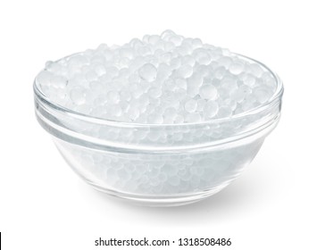 Glass Bowl Full Of Silica Gel Granules Isolated On White