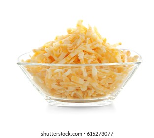 Glass Bowl With Grated Cheese On White Background