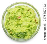 Glass bowl of guacamole on white background. Top view. File contains clipping path.