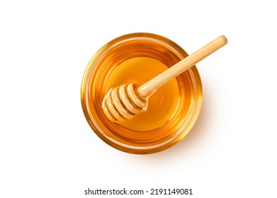 Glass bowl of honey with honey dipper isolated on white background. top view
 - Shutterstock ID 2191149081