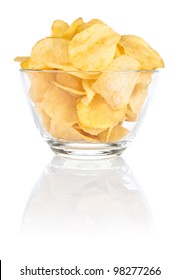 Glass Bowl Of With Pile Potato Chips On A White Background