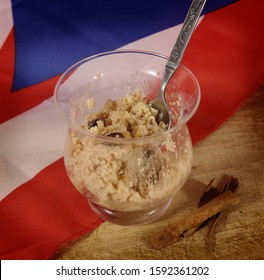 
A Glass Bowl Of Puerto Rico Sweet Rice With Coconut. Arroz Con Dulce. Christmas Food.