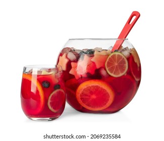 Glass and bowl of Red Sangria isolated on white