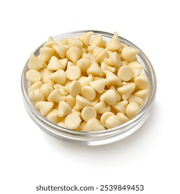  Glass bowl with white chocolate chips close up isolated on white background - Powered by Shutterstock