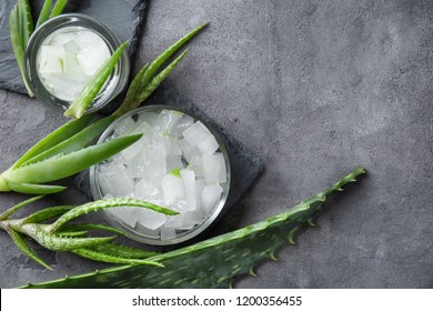 Glass Bowls With Peeled Aloe Vera On Table, Top View