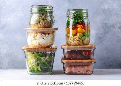 Glass Boxes And Cans With Fresh Food Refrigerator Storage Concept Decanting