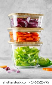 Glass Boxes With Fresh Raw Vegetables. Healthy Meal Prep - Recipe Preparation Photos. Healthy Vegan Dishes In Glass Containers. Weight Loss Food Concept