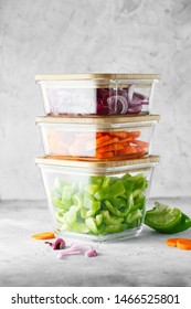 Glass Boxes With Fresh Raw Vegetables. Healthy Meal Prep - Recipe Preparation Photos. Healthy Vegan Dishes In Glass Containers. Weight Loss Food Concept