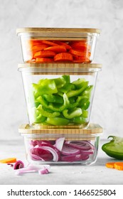 Glass Boxes With Fresh Raw Vegetables. Healthy Meal Prep - Recipe Preparation Photos. Healthy Vegan Dishes In Glass Containers. Weight Loss Food Concept