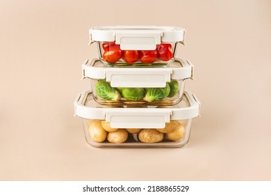 Glass Boxes With Fresh Raw Vegetables.  Vegetables And Fruits In Glass Containers. Food Storage Concept