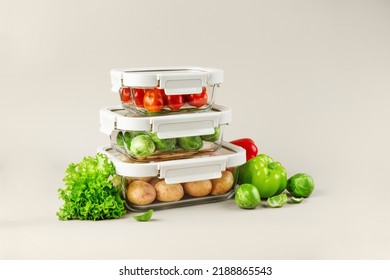 Glass Boxes With Fresh Raw Vegetables.  Vegetables And Fruits In Glass Containers. Food Storage Concept