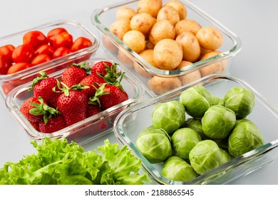 Glass Boxes With Fresh Raw Vegetables.  Vegetables And Fruits In Glass Containers. Food Storage Concept