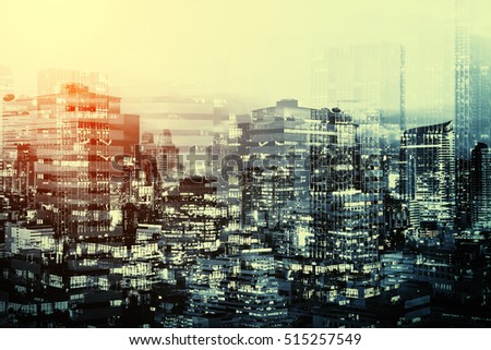 Glass building pattern, double exposure for abstract background. Business background.