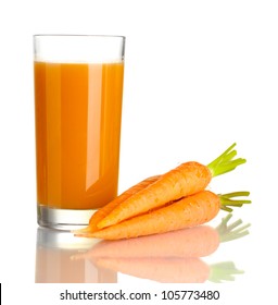 glass of carrot juice and fresh carrots isolated on white