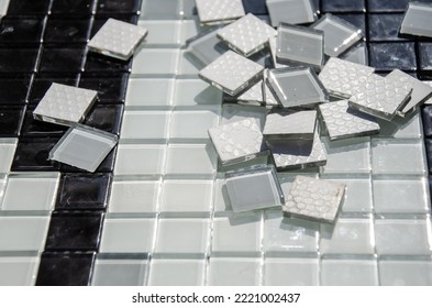 Glass Ceramic Mosaic Tiles. White Glossy Tiles, Laid Out In, Prepared For Making Mosaics