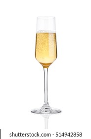 Glass of champagne with bubbles on white background