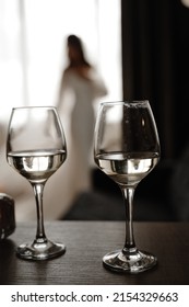 A Glass Of Champagne Or White Sparkling Wine, Bride On Background