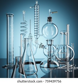 Glass Chemistry Lab Equipment. Chemistry Lab Concept. 3d Rendering