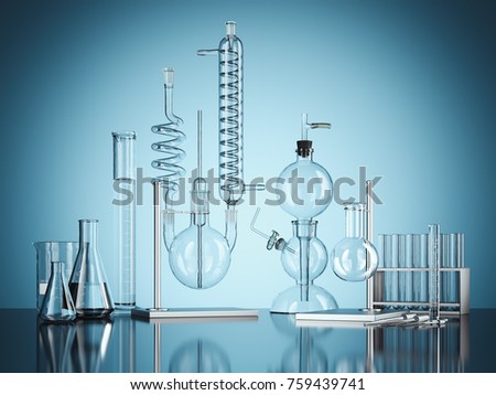 Glass chemistry lab equipment on blue background. Chemistry Lab concept. 3d rendering