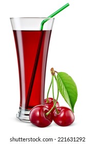 Glass Of Cherry Juice With Berries Isolated On White.