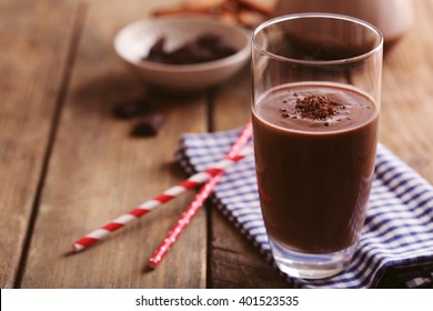 Glass Of Chocolate Milk On Table Close-up