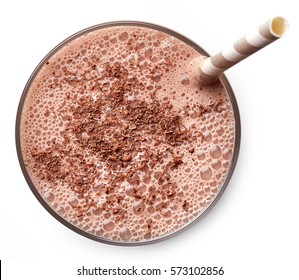 Glass of chocolate milkshake isolated on white background from top view