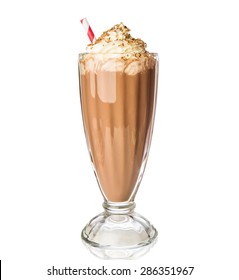 Glass of chocolate milkshake with whipped cream isolated on white background