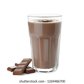 Glass Of Chocolate Protein Shake And Ingredient Isolated On White